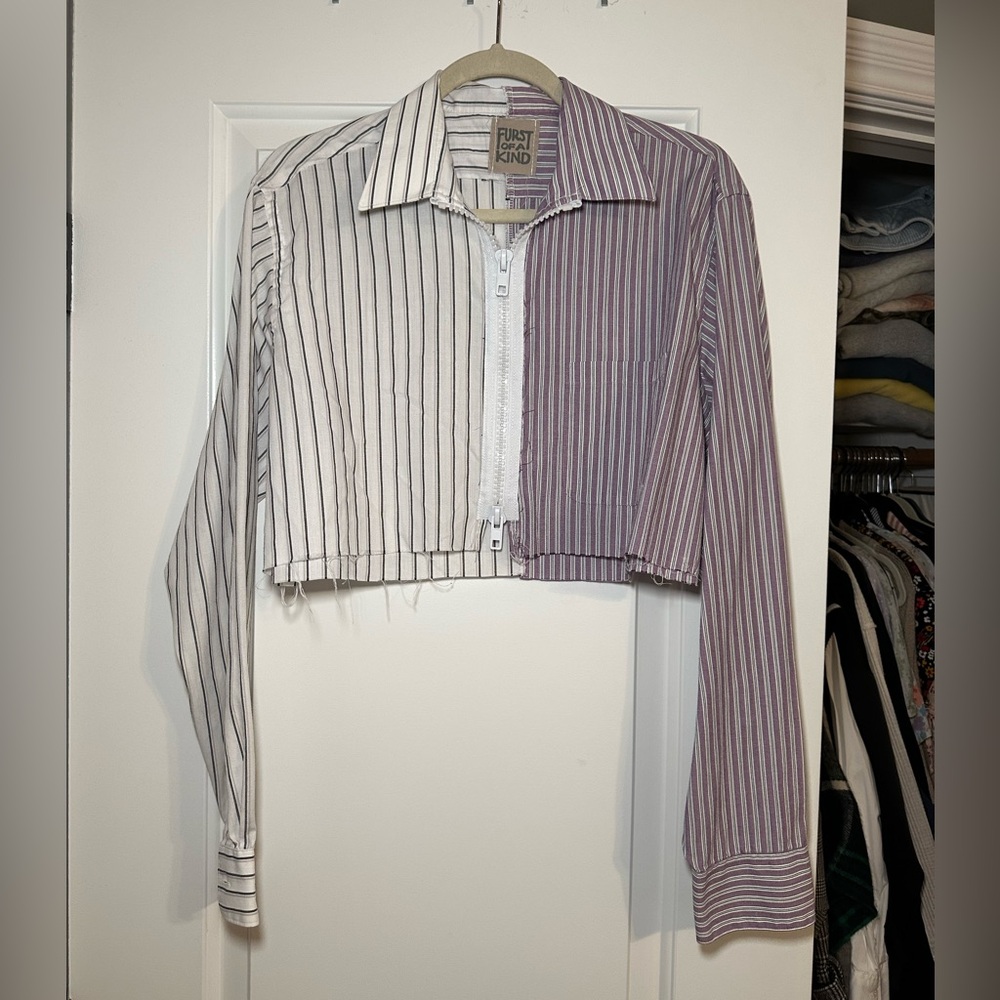 LF Brand Striped Cropped Zip-Up Shirt